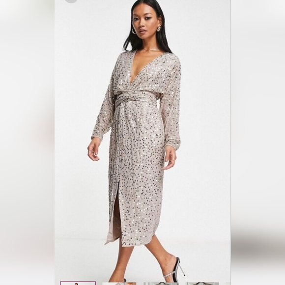 ASOS DESIGN Sequin Batwing Sleeve Midi Dress.Champagne/Silver. Size 12– NWT - Picture 1 of 16